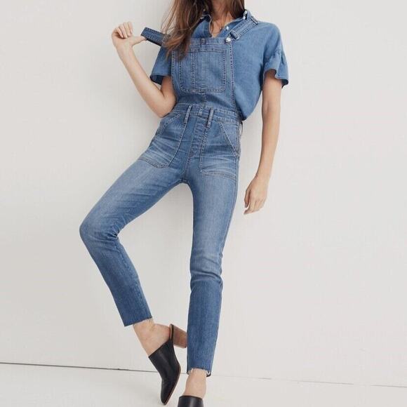 Madewell Skinny Overalls Womens XS Blue Jean Denim Bib Raw Hem Kemp Wash - Picture 1 of 11